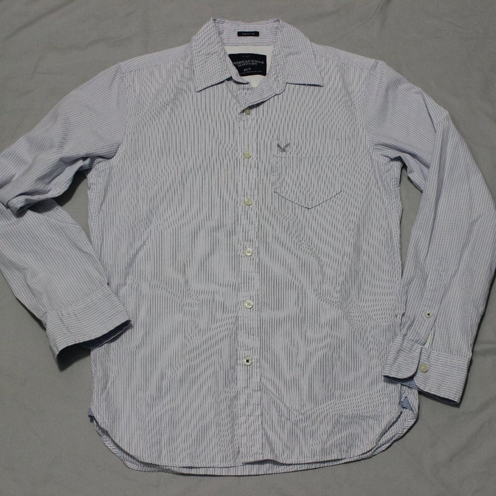 White, Blue Pinstripe 'American Eagle' Botton-Up Dress Long-sleeve